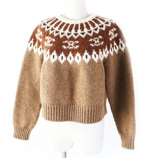 CELINE knit 2ADJ7823V Main: 100% wool Brown type Trim-off Fair Isle jacquard cropped crewneck sweater Women XS Used Authentic