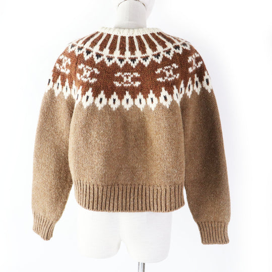 CELINE knit 2ADJ7823V Main: 100% wool Brown type Trim-off Fair Isle jacquard cropped crewneck sweater Women XS Used Authentic