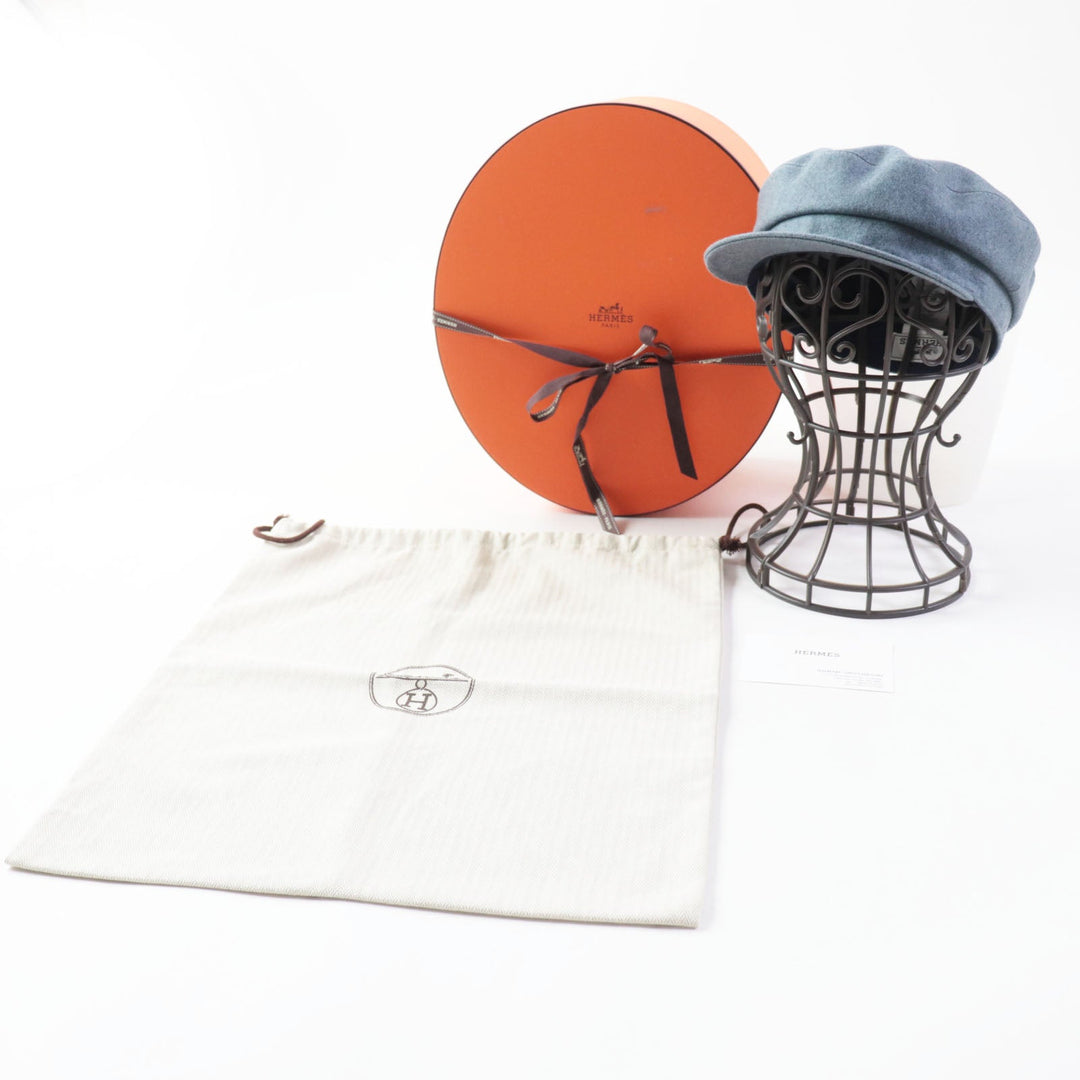 HERMES Casquette Outer: 100% cashmere, Lining: 65% viscose (rayon), Lining: 35% silk, Lining trim: 56% cotton, 44% viscose Lining decoration: 100% polyester blue Dauville Women 57 Used Authentic