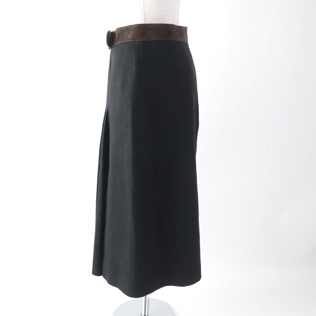 GUCCI Pleated skirt 511243 Outer: 100% linen, Lining: 68% rayon, Lining: 32% silk, Part: suede leather Black brown Women 40 Used Authentic