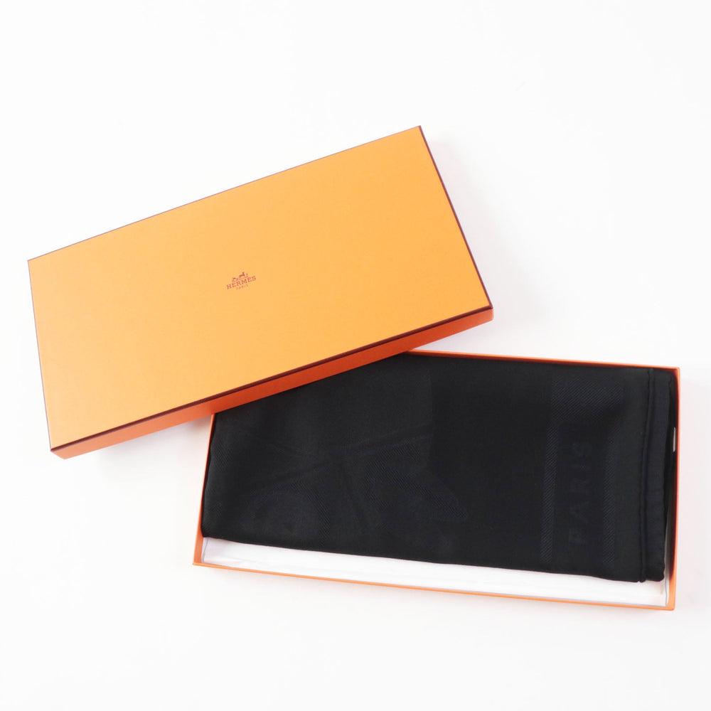 HERMES shawl Main: 92% cashmere, Main: 8% silk black Cheval a la Couverture Rectangle Horse Blanket Women Used Authentic