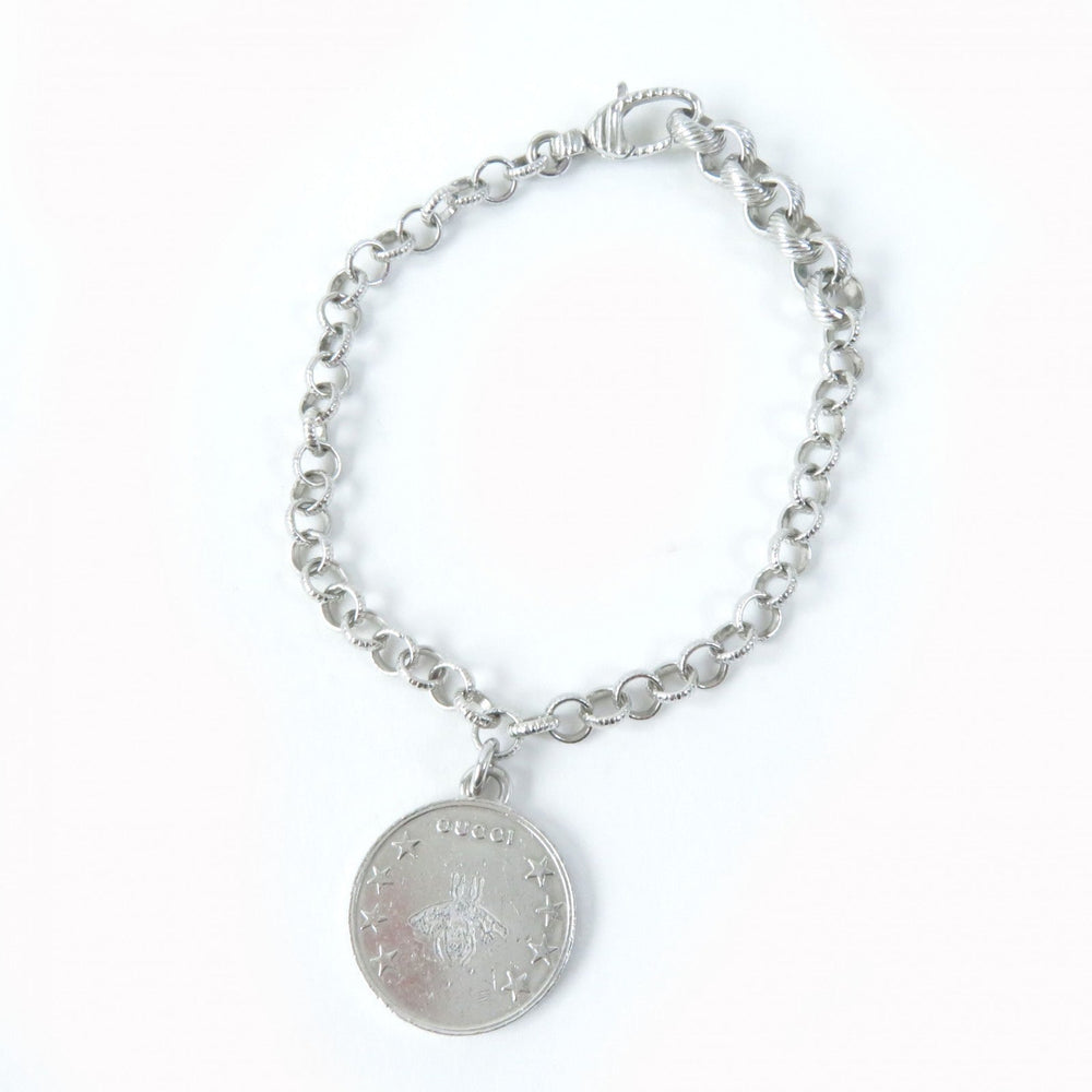 GUCCI bracelet 433499 Main�FAG925 Silver Interlocking G BEE Coin Women 18 Used Authentic