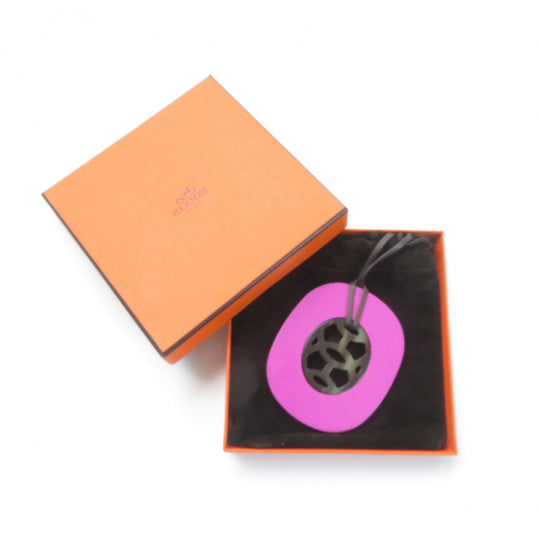 HERMES Necklace Top: Buffalo horn/Lacquer wood String: Waxed cotton Purple brown Lift GM Women Used Authentic