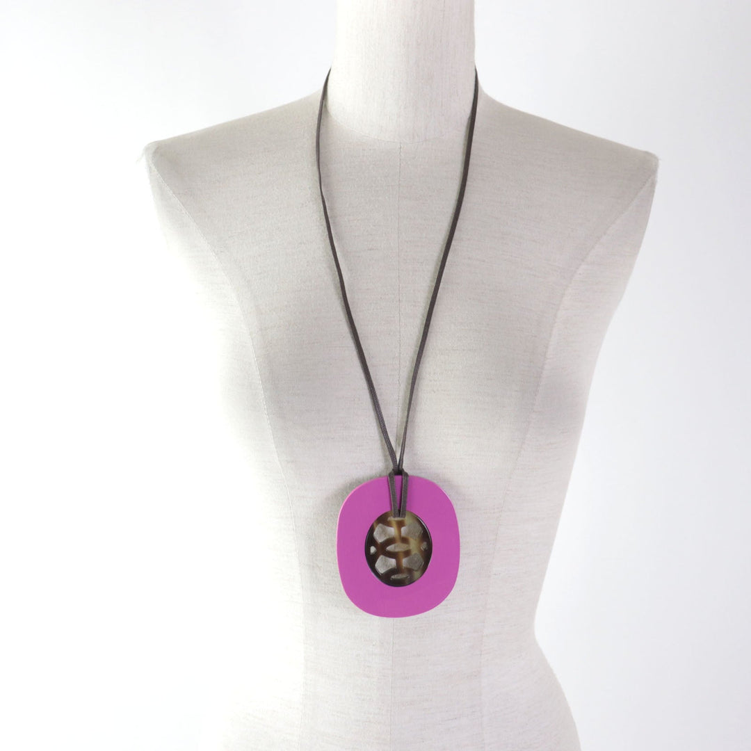 HERMES Necklace Top: Buffalo horn/Lacquer wood String: Waxed cotton Purple brown Lift GM Women Used Authentic