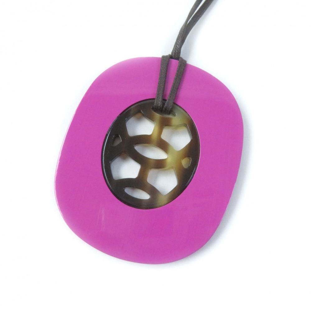 HERMES Necklace Top: Buffalo horn/Lacquer wood String: Waxed cotton Purple brown Lift GM Women Used Authentic