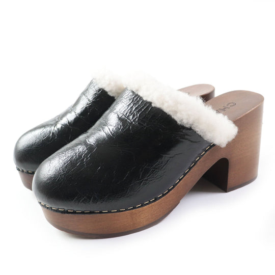 CHANEL Sandals G35368 Sheepskin Wood type Black brown Women 36 Used Authentic