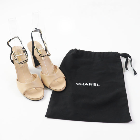 CHANEL Sandals G45093 Main: Leather Beige black Women 36 Used Authentic