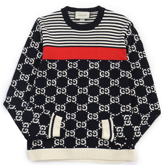 GUCCI sweater 496458 Main: 100% cotton Navy off-white mens M Used Authentic