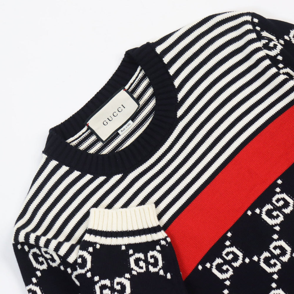 GUCCI sweater 496458 Main: 100% cotton Navy off-white mens M Used Authentic