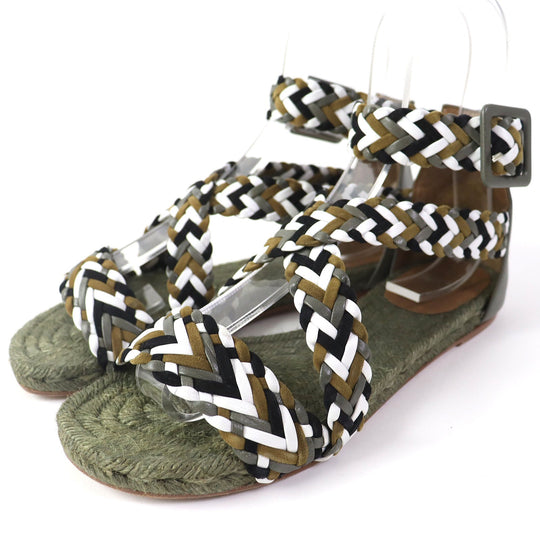 HERMES Sandals leather khaki Flat shoes Ankle With Strap Mesh design Women 36 Used Authentic