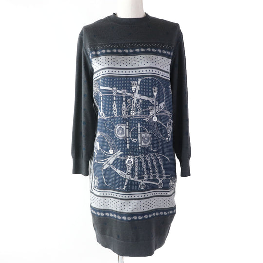 HERMES one piece 2H2825DS Main: 100% silk, Main: 50% cashmere, Main: 50% silk, Part: 48% cashmere, Part: 48% silk, : 3% nylon, 1% polyurethane, Embroidery: 100% polyester gray HARNAIS DE COUR Court harness Women 34 Used Authentic