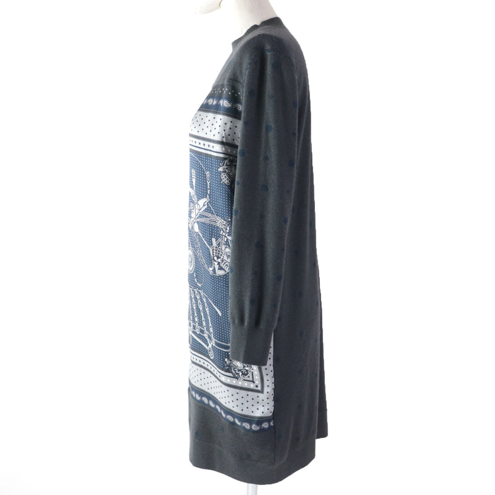 HERMES one piece 2H2825DS Main: 100% silk, Main: 50% cashmere, Main: 50% silk, Part: 48% cashmere, Part: 48% silk, : 3% nylon, 1% polyurethane, Embroidery: 100% polyester gray HARNAIS DE COUR Court harness Women 34 Used Authentic