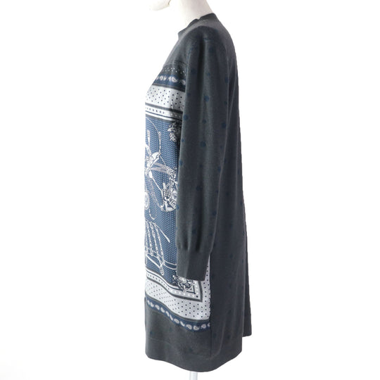 HERMES one piece 2H2825DS Main: 100% silk, Main: 50% cashmere, Main: 50% silk, Part: 48% cashmere, Part: 48% silk, : 3% nylon, 1% polyurethane, Embroidery: 100% polyester gray HARNAIS DE COUR Court harness Women 34 Used Authentic