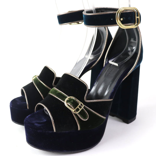 HERMES Sandals Velor Navy Ankle With Strap Chunky Heel Violetta Women 36 Used Authentic