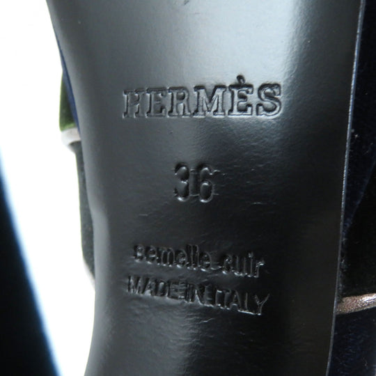 HERMES Sandals Velor Navy Ankle With Strap Chunky Heel Violetta Women 36 Used Authentic