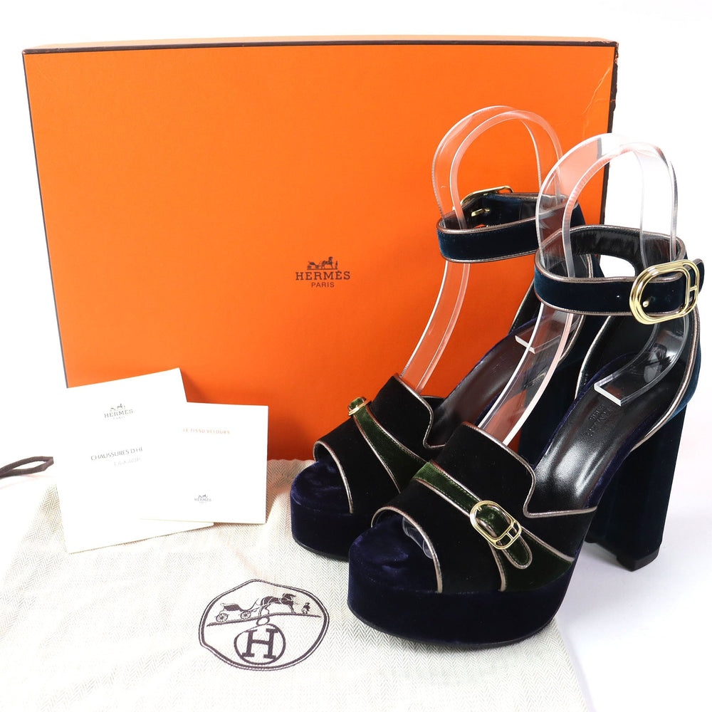 HERMES Sandals Velor Navy Ankle With Strap Chunky Heel Violetta Women 36 Used Authentic