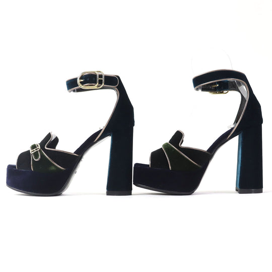 HERMES Sandals Velor Navy Ankle With Strap Chunky Heel Violetta Women 36 Used Authentic