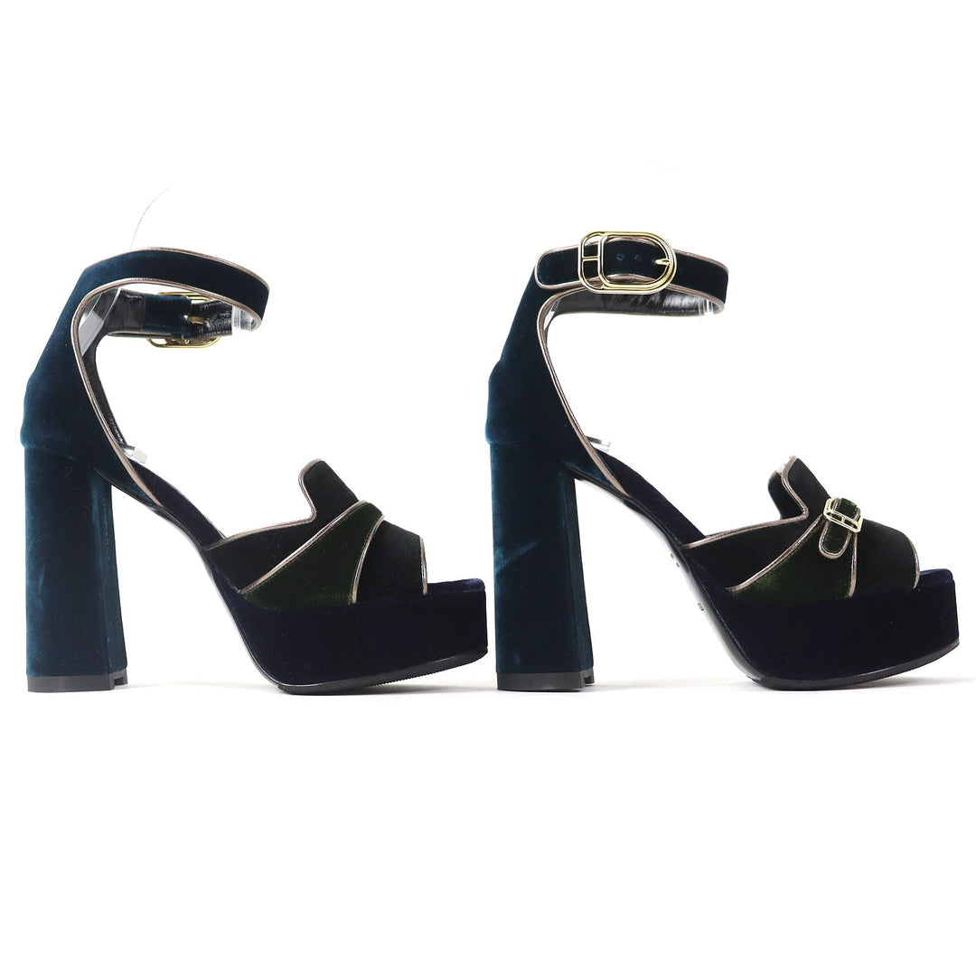 HERMES Sandals Velor Navy Ankle With Strap Chunky Heel Violetta Women 36 Used Authentic