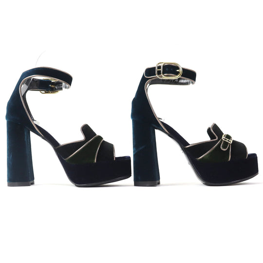 HERMES Sandals Velor Navy Ankle With Strap Chunky Heel Violetta Women 36 Used Authentic