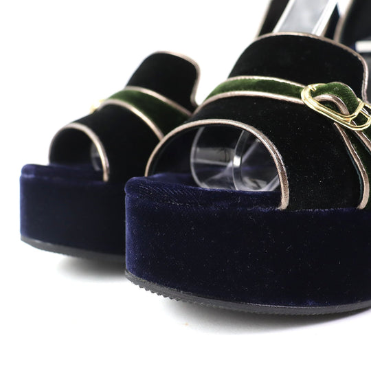 HERMES Sandals Velor Navy Ankle With Strap Chunky Heel Violetta Women 36 Used Authentic