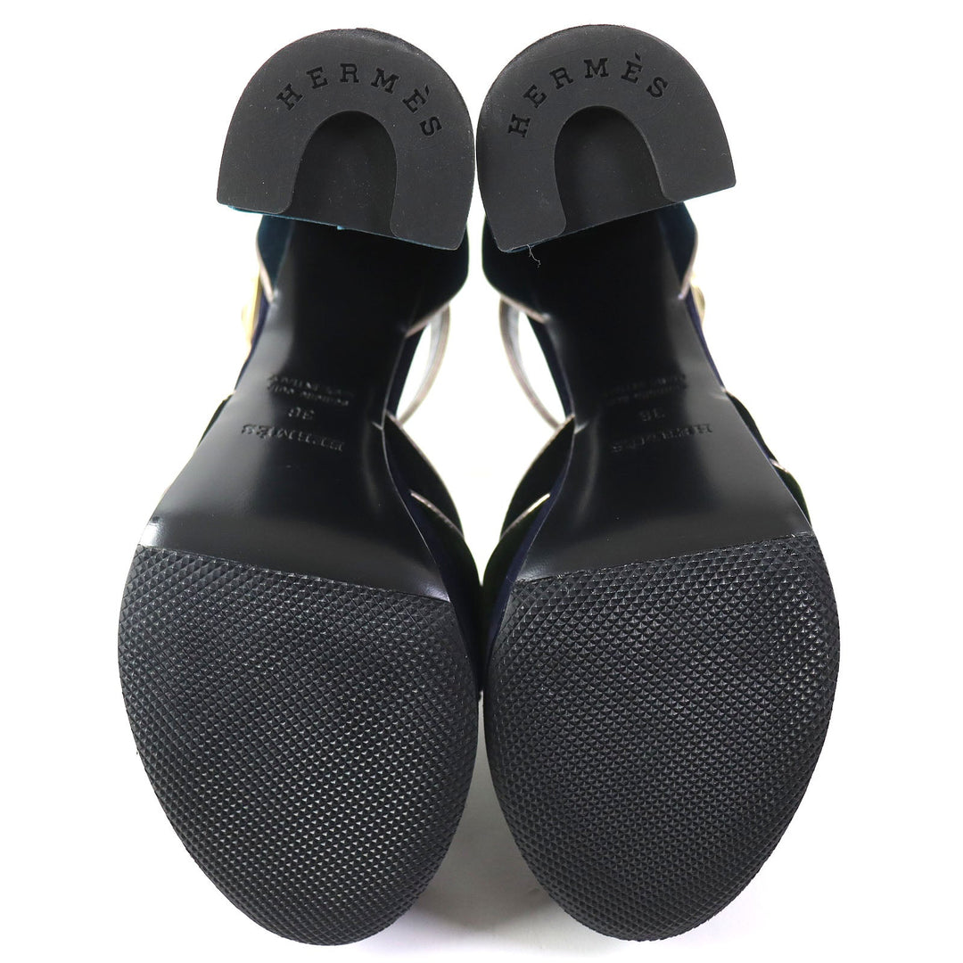 HERMES Sandals Velor Navy Ankle With Strap Chunky Heel Violetta Women 36 Used Authentic