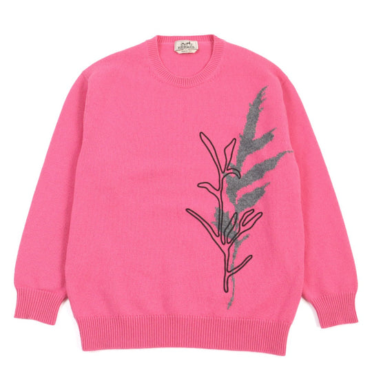 HERMES knit Main: 100% cashmere, leather part: lamb leather Pink type Herbarium Pattern Herbier et ruban cuir mens M Used Authentic