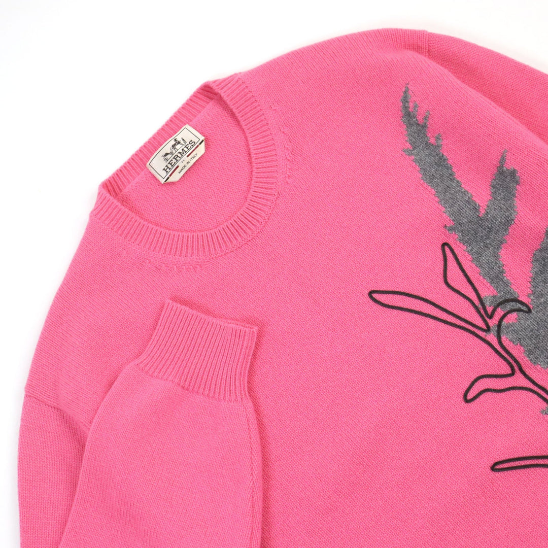 HERMES knit Main: 100% cashmere, leather part: lamb leather Pink type Herbarium Pattern Herbier et ruban cuir mens M Used Authentic