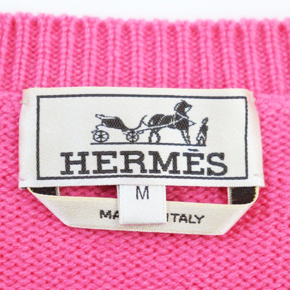 HERMES knit Main: 100% cashmere, leather part: lamb leather Pink type Herbarium Pattern Herbier et ruban cuir mens M Used Authentic