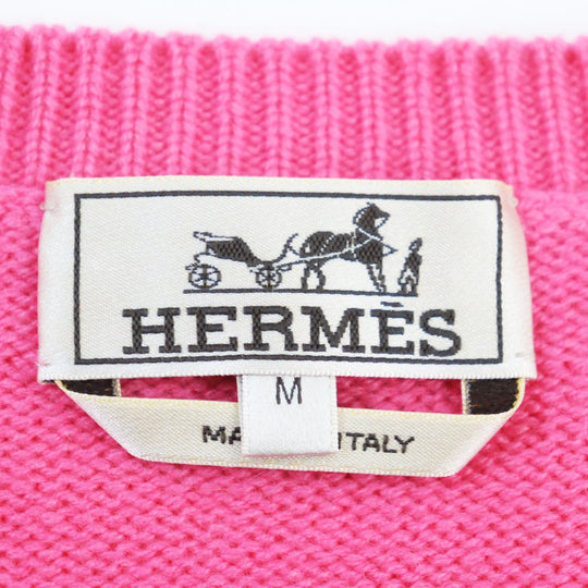 HERMES knit Main: 100% cashmere, leather part: lamb leather Pink type Herbarium Pattern Herbier et ruban cuir mens M Used Authentic