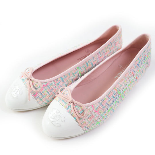 CHANEL Ballet shoes 24C G02819 Cotton Tweed Patent Calfskin White mulch Ballet flats Women 38 Used Authentic