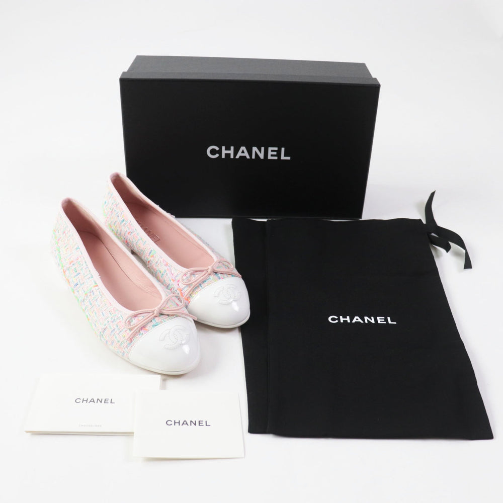 CHANEL Ballet shoes 24C G02819 Cotton Tweed Patent Calfskin White mulch Ballet flats Women 38 Used Authentic