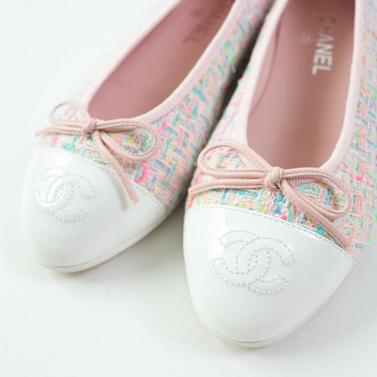 CHANEL Ballet shoes 24C G02819 Cotton Tweed Patent Calfskin White mulch Ballet flats Women 38 Used Authentic
