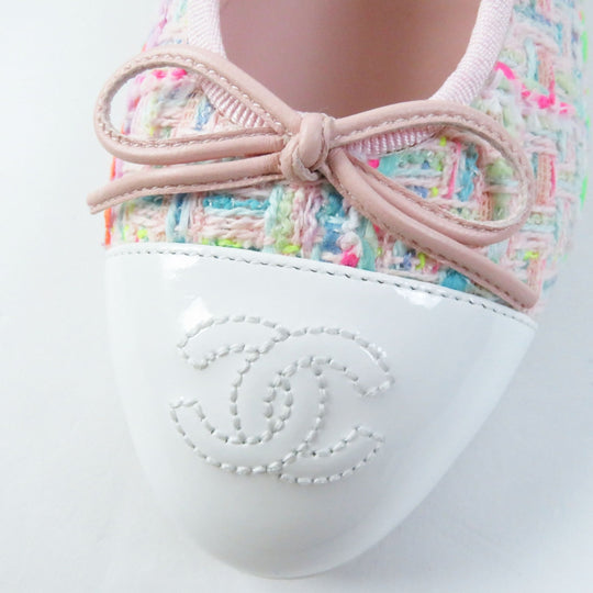 CHANEL Ballet shoes 24C G02819 Cotton Tweed Patent Calfskin White mulch Ballet flats Women 38 Used Authentic