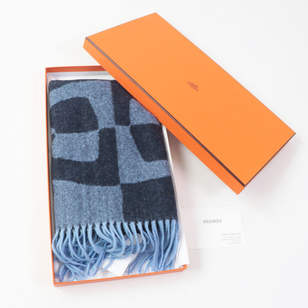 HERMES Scarf Main: 100% cashmere Marine Ciel Chene Dunkle Optic Women Used Authentic