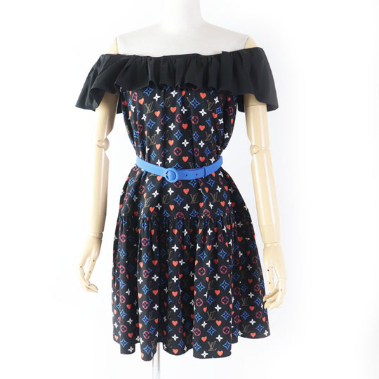 LOUIS VUITTON dress FK‚cR51 Outer material: 100% silk, part: 90% cotton, part: 7% nylon, part: 3% polyurethane black multi Game On Ruffle Scoop Neck Babydoll Dress Women 36 Used Authentic