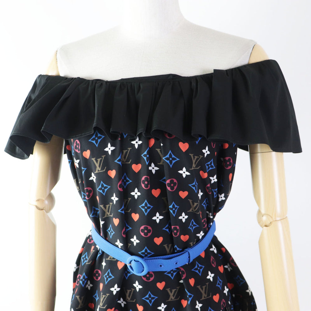 LOUIS VUITTON dress FK‚cR51 Outer material: 100% silk, part: 90% cotton, part: 7% nylon, part: 3% polyurethane black multi Game On Ruffle Scoop Neck Babydoll Dress Women 36 Used Authentic