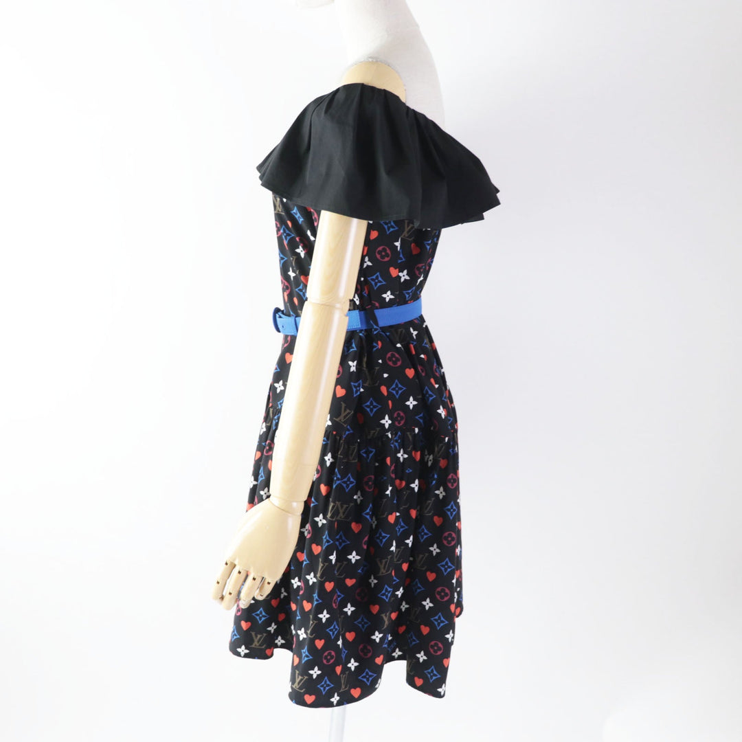 LOUIS VUITTON dress FK‚cR51 Outer material: 100% silk, part: 90% cotton, part: 7% nylon, part: 3% polyurethane black multi Game On Ruffle Scoop Neck Babydoll Dress Women 36 Used Authentic
