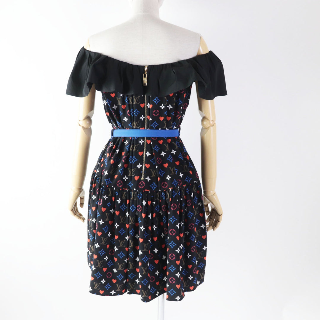 LOUIS VUITTON dress FK‚cR51 Outer material: 100% silk, part: 90% cotton, part: 7% nylon, part: 3% polyurethane black multi Game On Ruffle Scoop Neck Babydoll Dress Women 36 Used Authentic