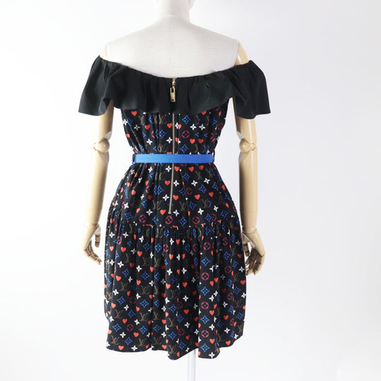 LOUIS VUITTON dress FK‚cR51 Outer material: 100% silk, part: 90% cotton, part: 7% nylon, part: 3% polyurethane black multi Game On Ruffle Scoop Neck Babydoll Dress Women 36 Used Authentic