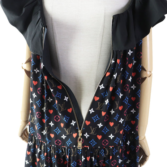 LOUIS VUITTON dress FK‚cR51 Outer material: 100% silk, part: 90% cotton, part: 7% nylon, part: 3% polyurethane black multi Game On Ruffle Scoop Neck Babydoll Dress Women 36 Used Authentic