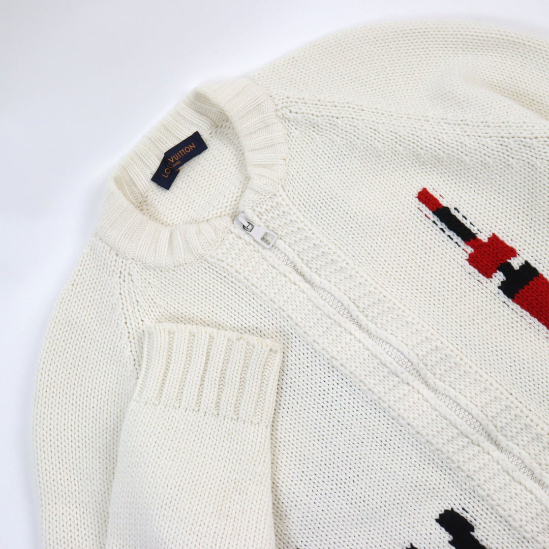 LOUIS VUITTON cardigan HHN15W Main: 100% wool off white Baseball zip-up knit long cardigan mens XL Used Authentic