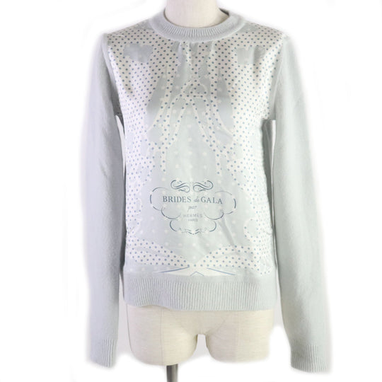 HERMES knit Printed part: 100% silk Knitted part: 68% wool, 29% cashmere, 3% nylon Ice blue Brides de Gala Women 34 Used Authentic