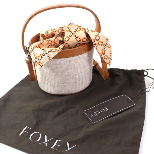 FOXEY Handbag 40944 Main: Rayon, Main: Polyester, Main: Cotton, Main: Linen, Part: Leather Brown beige PETIT PICNIC Women Used Authentic