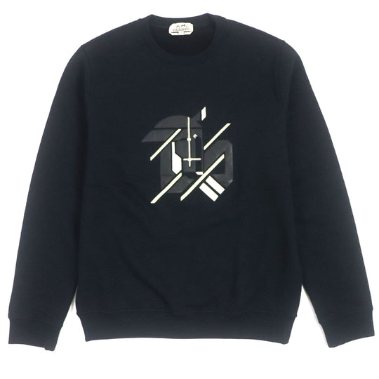 HERMES pullover Main: 100% cotton, Leather: Sheepskin Rib: 90% cotton, 10% polyurethane Navy Chevaux Symetrie mens M Used Authentic