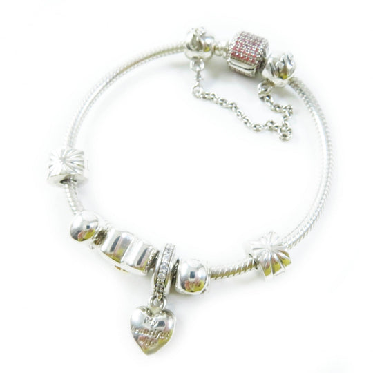 PANDORA bracelet Part: AG925, cubic zirconia Silver pink Comes with 7 charms Snake Chain Women Used Authentic