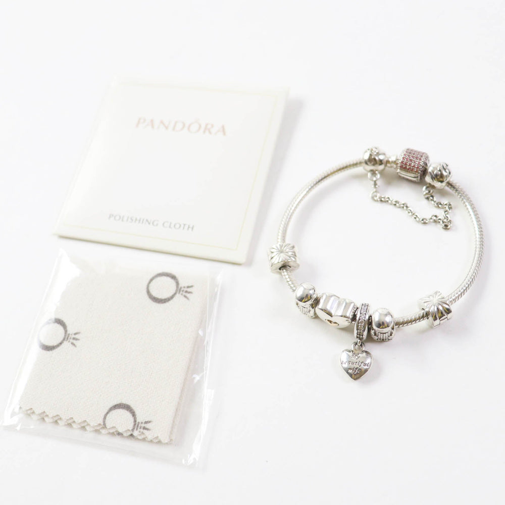 PANDORA bracelet Part: AG925, cubic zirconia Silver pink Comes with 7 charms Snake Chain Women Used Authentic