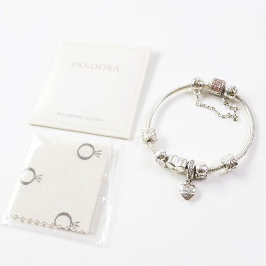 PANDORA bracelet Part: AG925, cubic zirconia Silver pink Comes with 7 charms Snake Chain Women Used Authentic