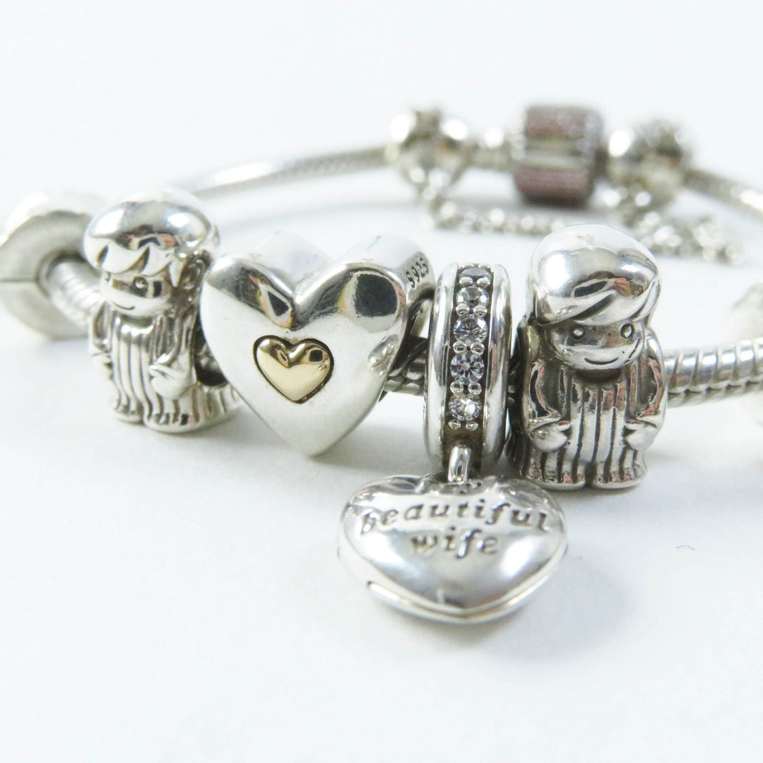 PANDORA bracelet Part: AG925, cubic zirconia Silver pink Comes with 7 charms Snake Chain Women Used Authentic