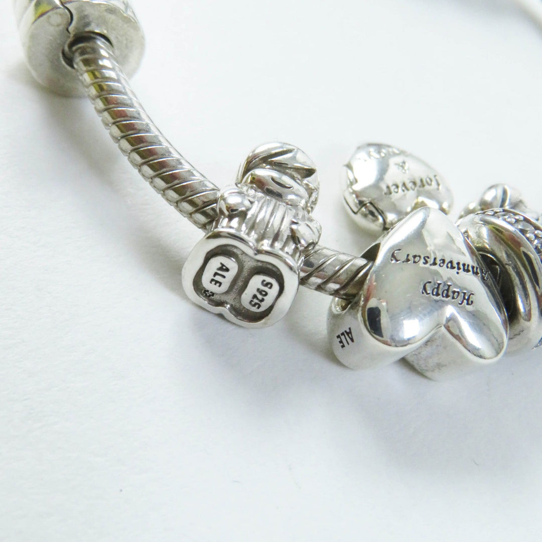 PANDORA bracelet Part: AG925, cubic zirconia Silver pink Comes with 7 charms Snake Chain Women Used Authentic