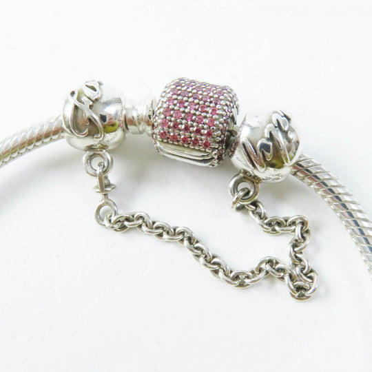 PANDORA bracelet Part: AG925, cubic zirconia Silver pink Comes with 7 charms Snake Chain Women Used Authentic